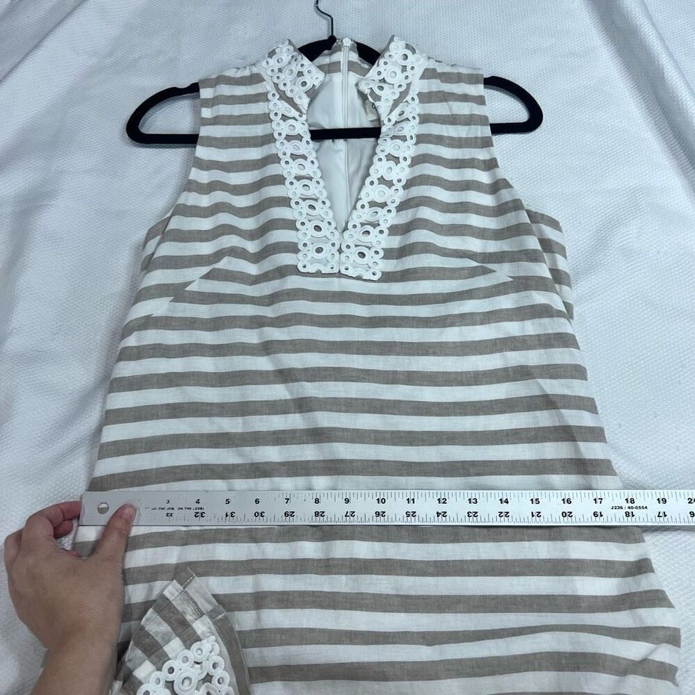 Eliza J Tan White Striped Detailed Hem Linen Cotton Blend Shift Dress Sz 6 Women - Picture 5 of 8